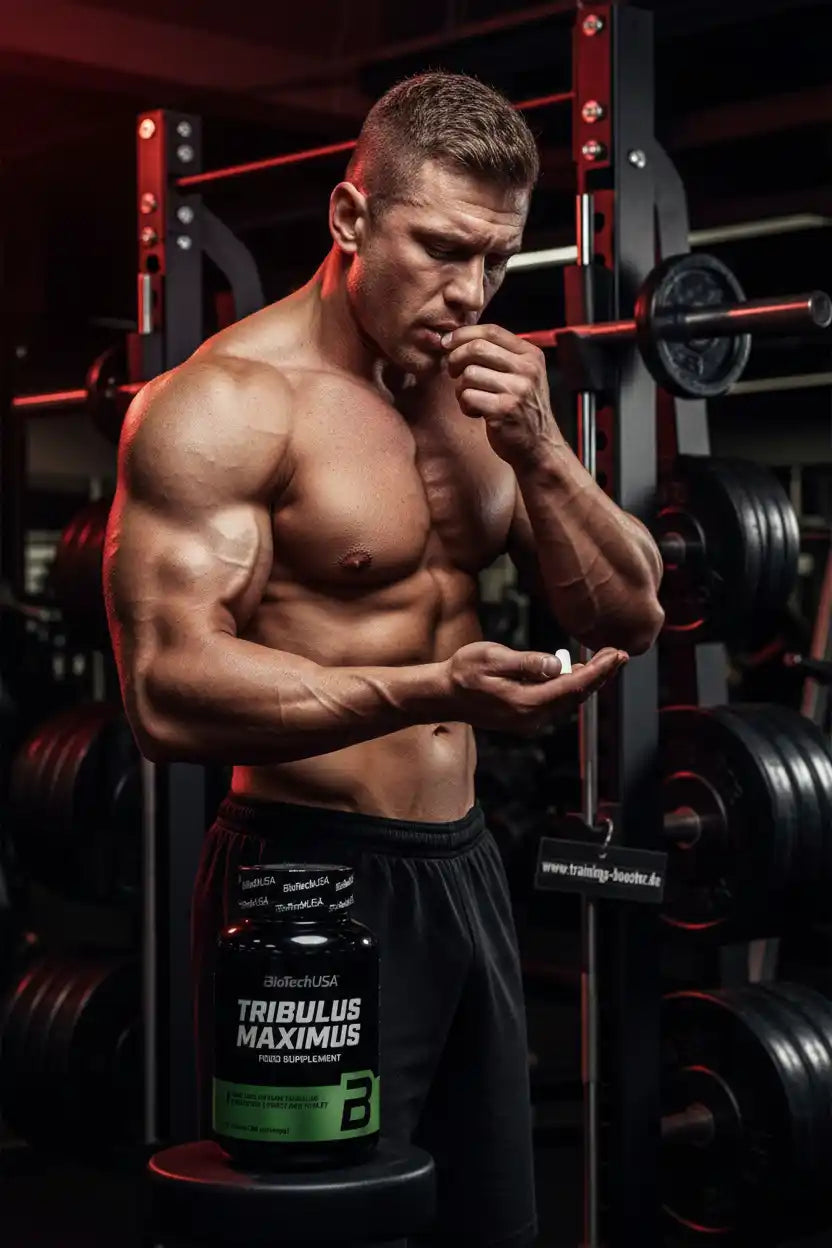 Muskulöser Mann im Fitnessstudio nimmt Tribulus Maximus Nahrungsergänzungsmittel ein