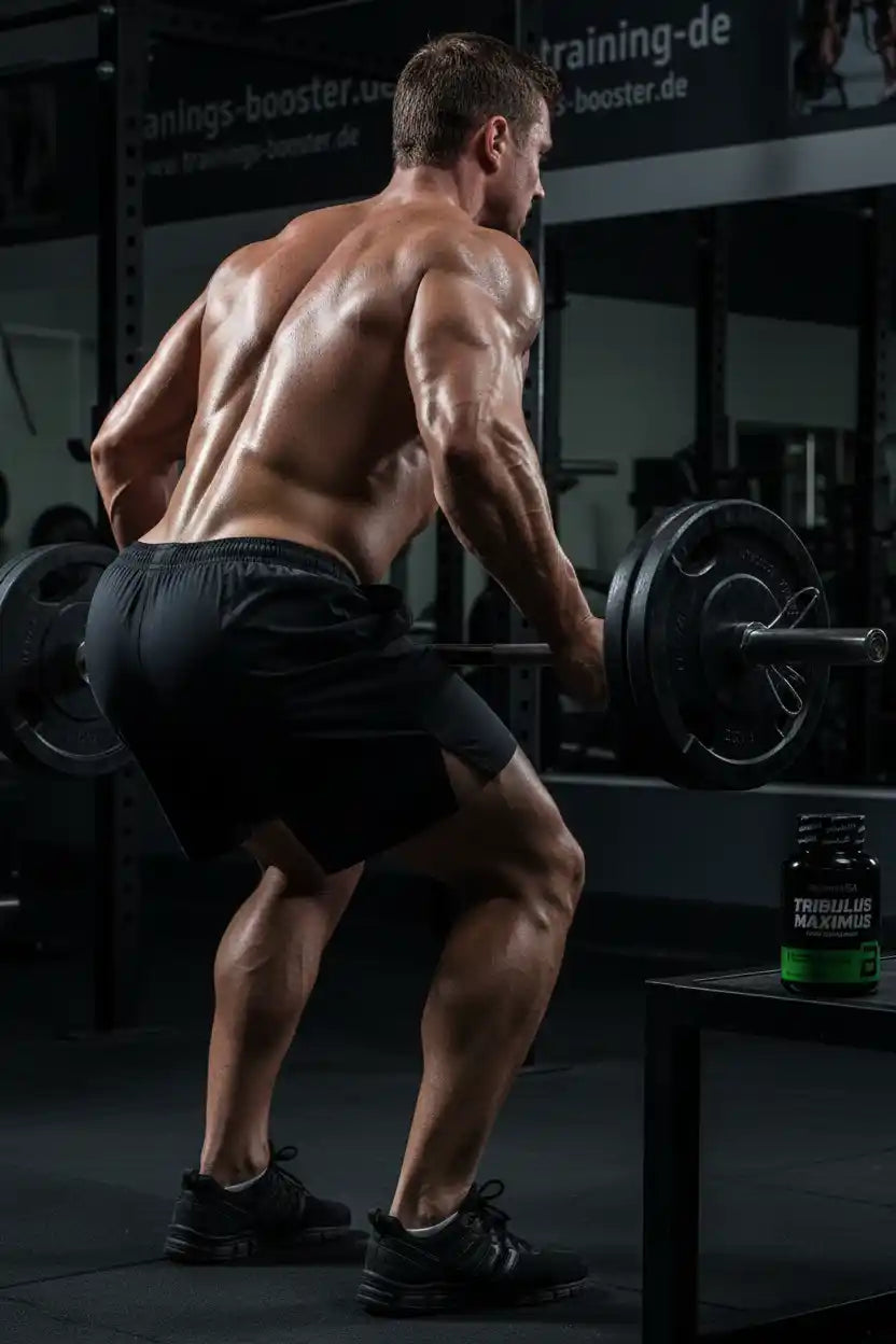 Muskulöser Mann beim Gewichtheben mit Tribulus Maximus Booster im Fitnessstudio