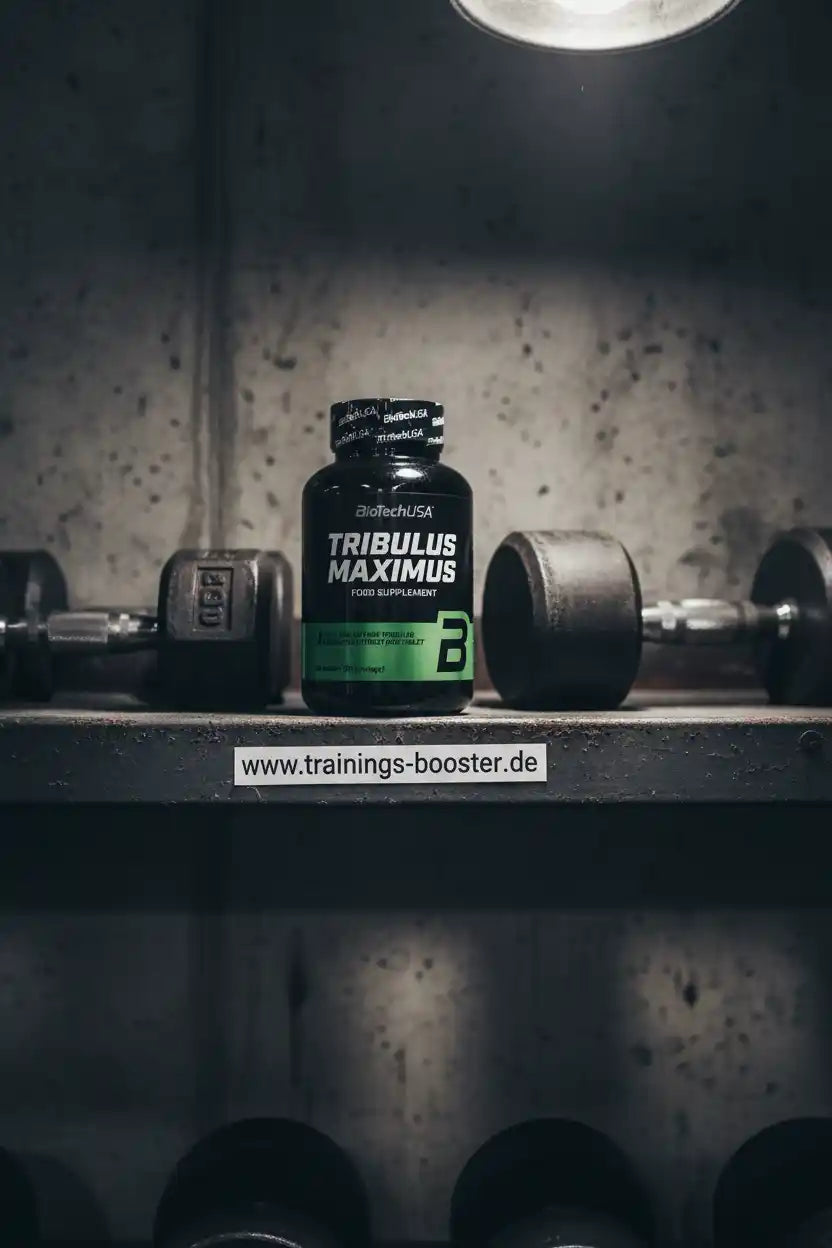 Tribulus Maximus Nahrungsergänzungsmittel von BioTechUSA neben Hanteln im Fitnessstudio