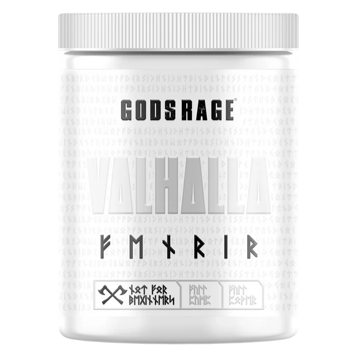 Weiße Dose Gods Rage Valhalla Fenrir Pre-Workout Booster mit Runen und skandinavischem Design