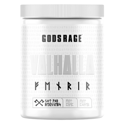 Weiße Dose Gods Rage Valhalla Fenrir Pre-Workout Booster mit Runen und skandinavischem Design