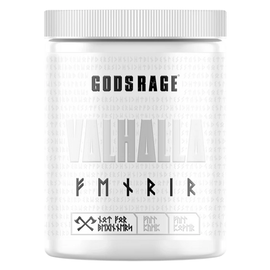 Weiße Dose Gods Rage Valhalla Fenrir Pre-Workout Booster mit Runen und skandinavischem Design