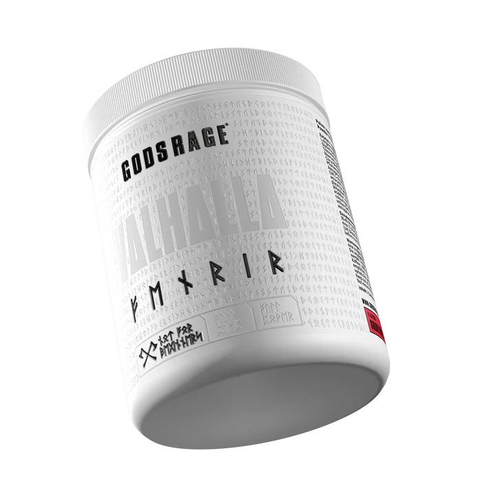 Weiße Dose Trainingsbooster mit Aufdruck Gods Rage Valhalla, Produkt für Sportnahrung