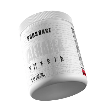 Weiße Dose Trainingsbooster mit Aufdruck Gods Rage Valhalla, Produkt für Sportnahrung