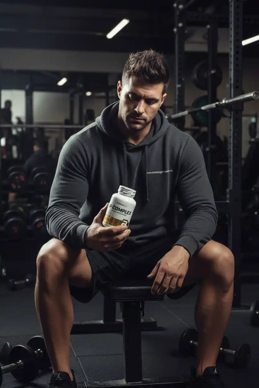 Muskulöser Mann im Fitnessstudio mit B-Complex Nahrungsergänzungsmittel