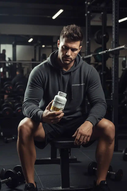 Muskulöser Mann im Fitnessstudio mit B-Complex Nahrungsergänzungsmittel