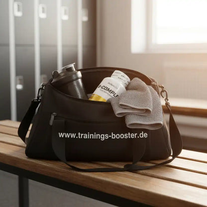 Fitness-Tasche mit Nahrungsergänzungsmittel, Shaker und Handtuch im Umkleideraum
