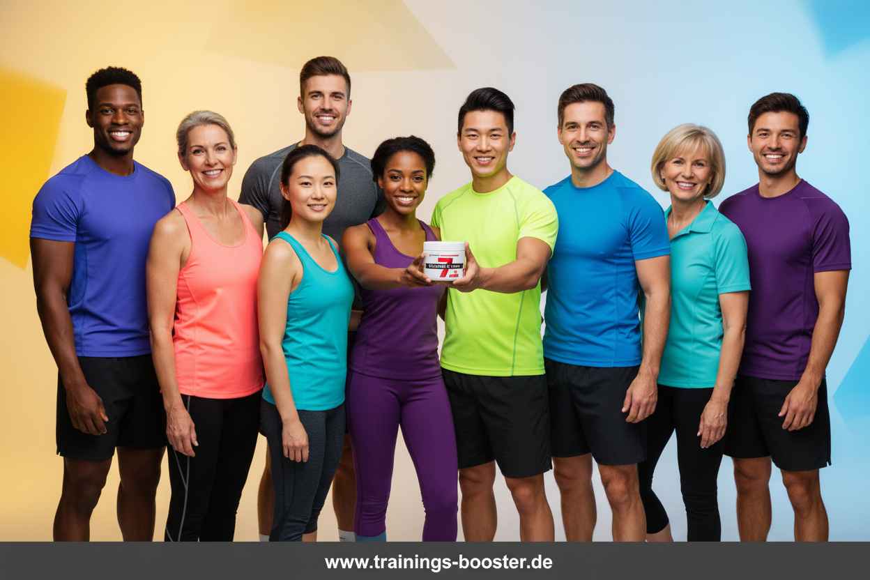 Gruppe in Sportkleidung mit Nahrungsergänzungsmittel-Booster für Fitness und Training