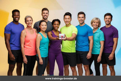 Gruppe in Sportkleidung mit Nahrungsergänzungsmittel-Booster für Fitness und Training