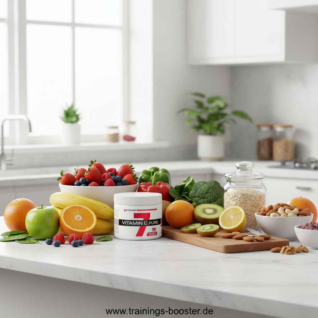 Vitamin C Pure Booster mit frischen Früchten und Nüssen in moderner Küche