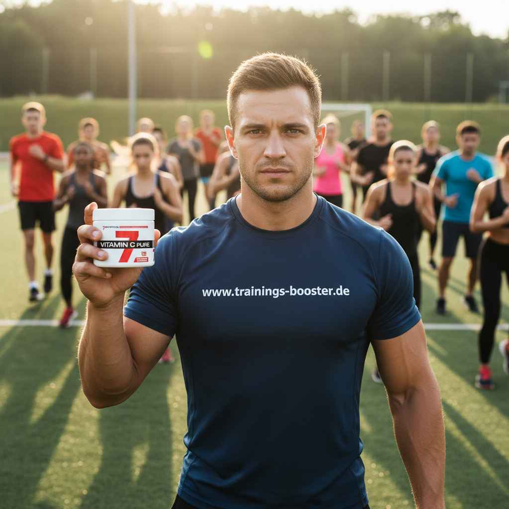 Mann mit Vitamin C Pure Booster auf Sportplatz, ideal für Fitness und Training