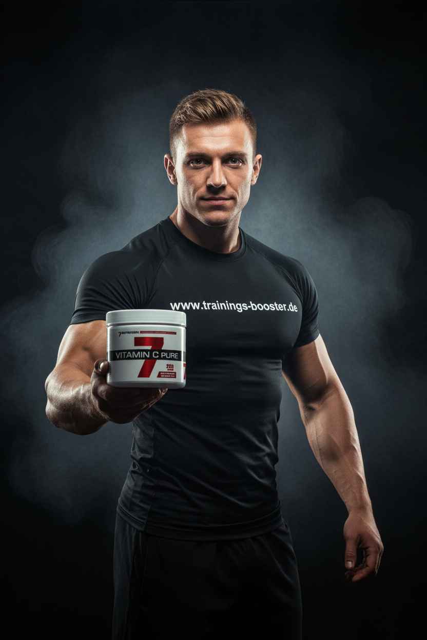 Muskulöser Mann hält Vitamin C Pure Booster für Sportler und Fitness-Enthusiasten