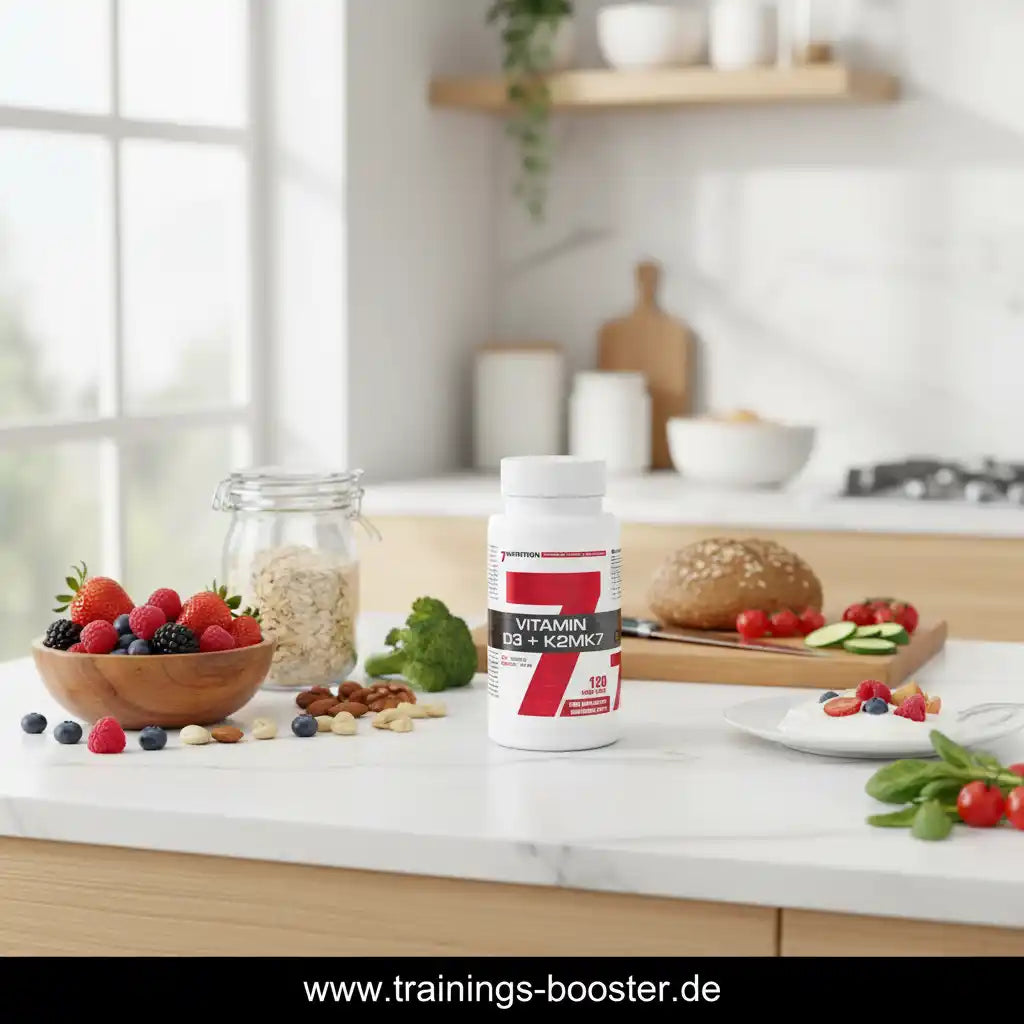 Vitamin D3 + K2MK7 Nahrungsergänzungsmittel mit Beeren und Nüssen in moderner Küche