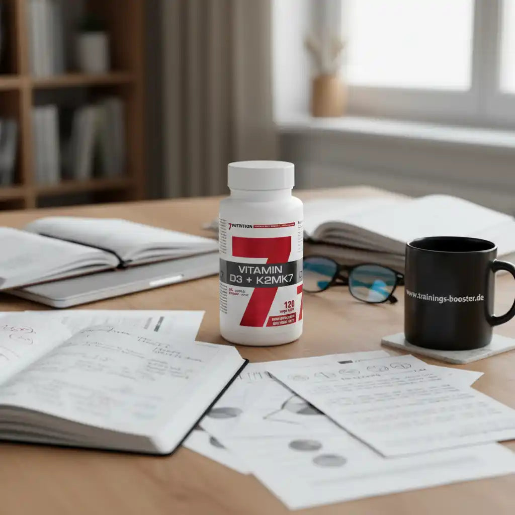 Vitamin D3 + K2MK7 Nahrungsergänzungsmittel auf Schreibtisch mit Notizen und Tasse