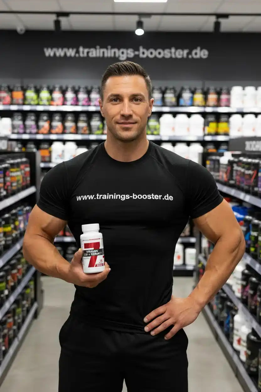 Muskulöser Mann hält Vitamin D3 + K2-Produkt in Sportnahrungsladen