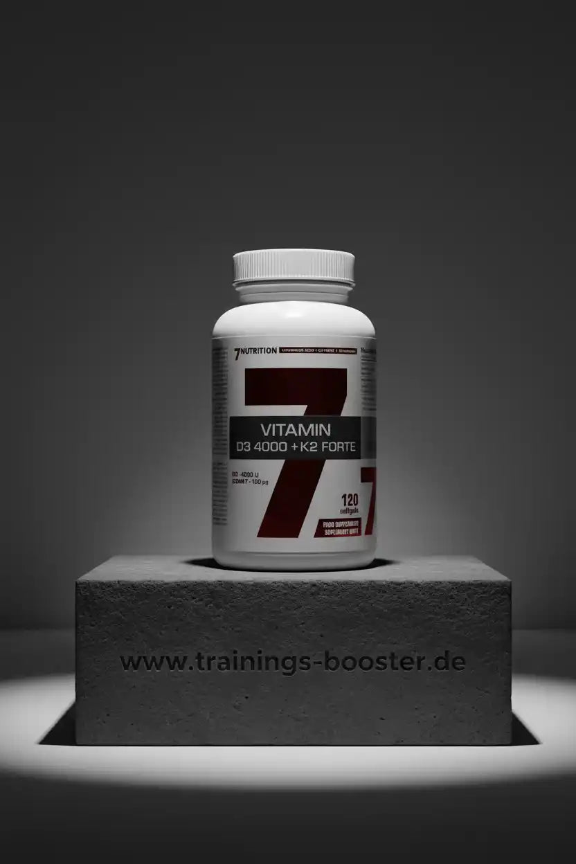Vitamin D3 4000 + K2 Forte von 7NUTRITION auf grauem Podest