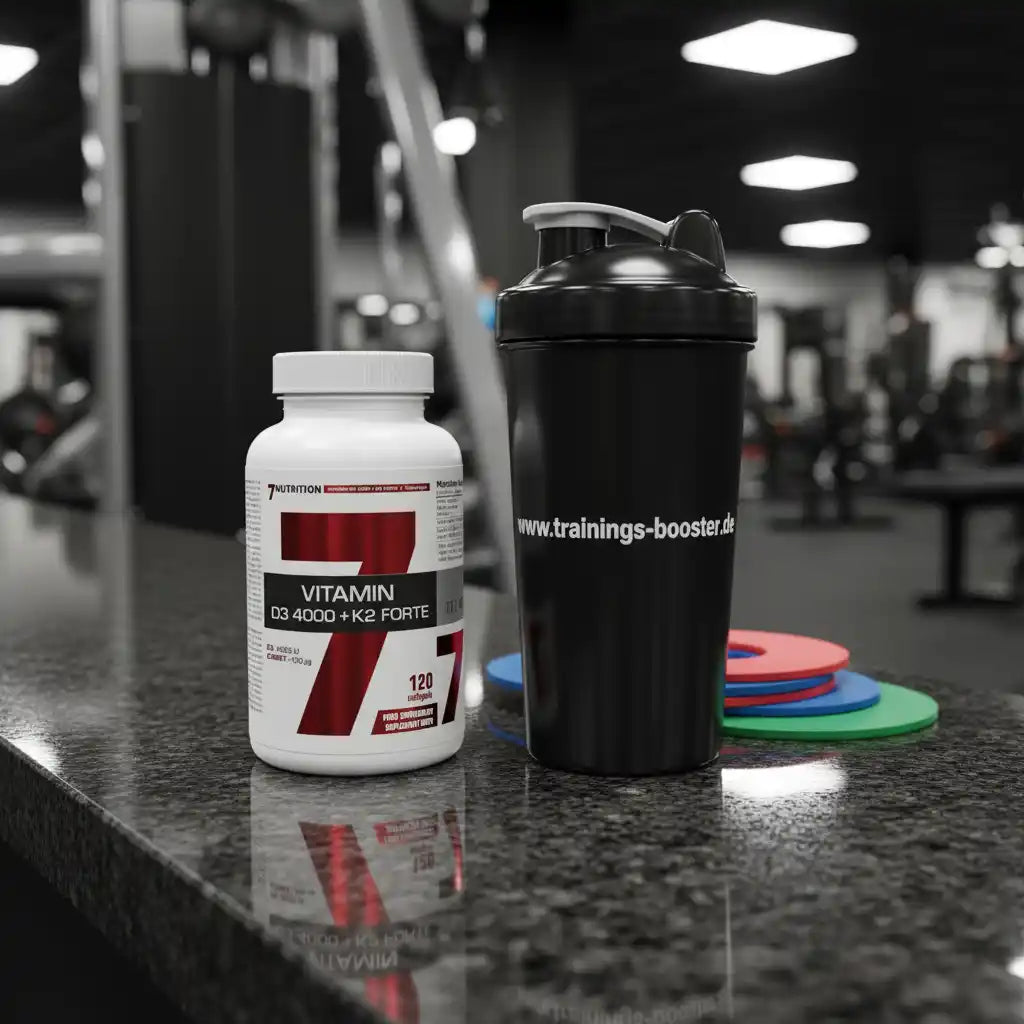 Vitamin D3 4000 + K2 Forte und Shaker im Fitnessstudio