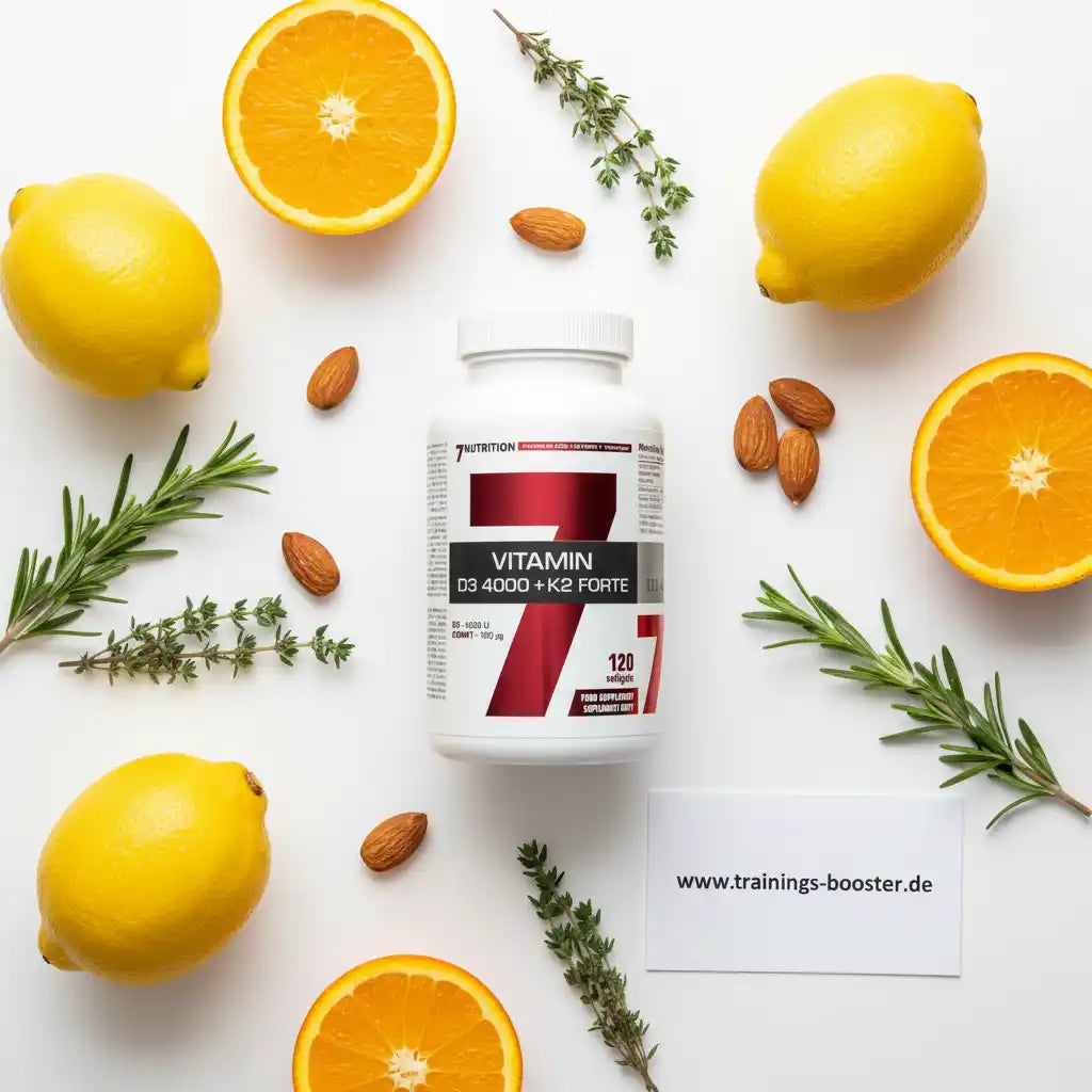 Vitamin D3 4000 + K2 Forte Nahrungsergänzung mit Zitrusfrüchten und Mandeln