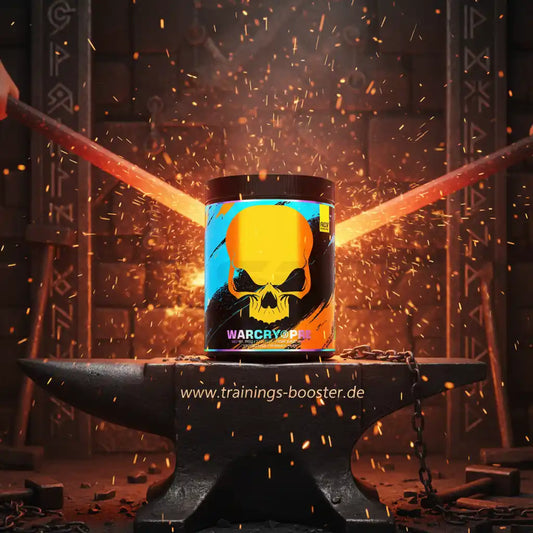 Warcry Pre-Workout Booster mit Schädel-Design auf Amboss, ideal für intensives Training