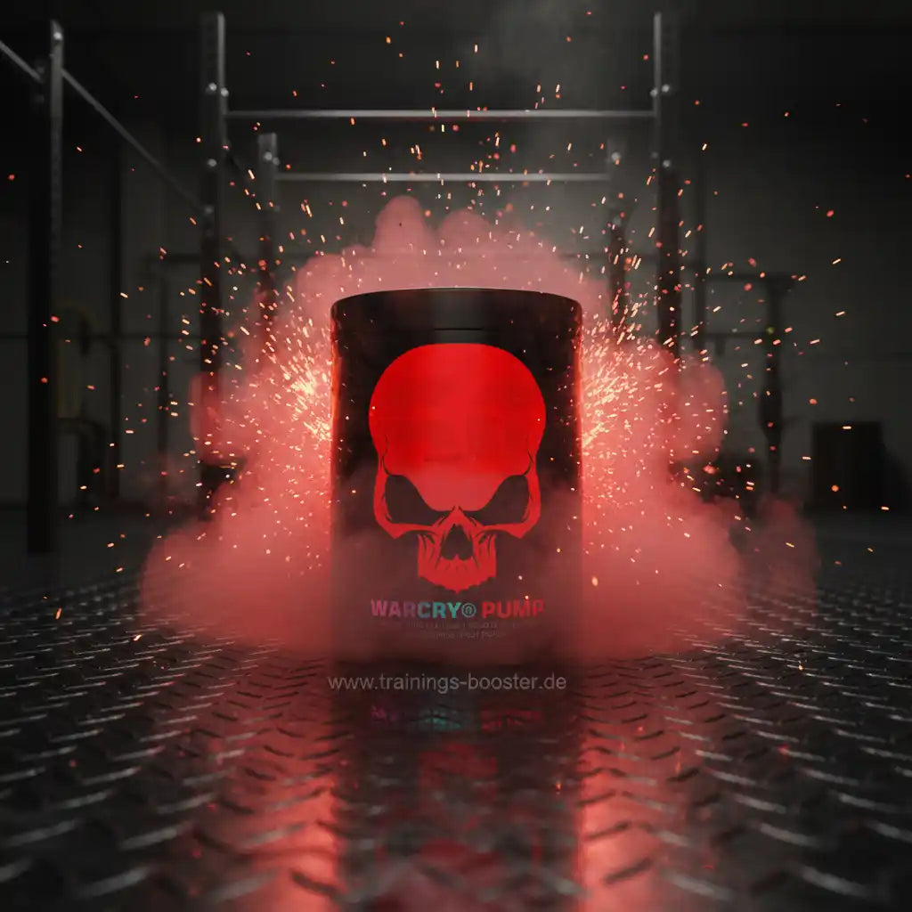 Warcry Pump Booster mit rotem Totenkopf, Funken und Rauch im Fitnessstudio