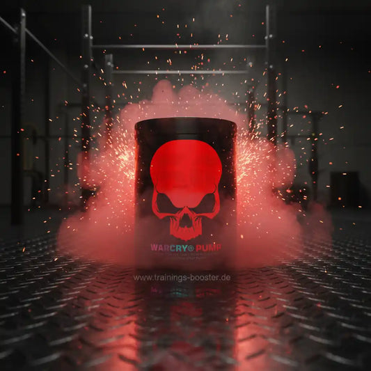 Warcry Pump Booster mit rotem Totenkopf, Funken und Rauch im Fitnessstudio