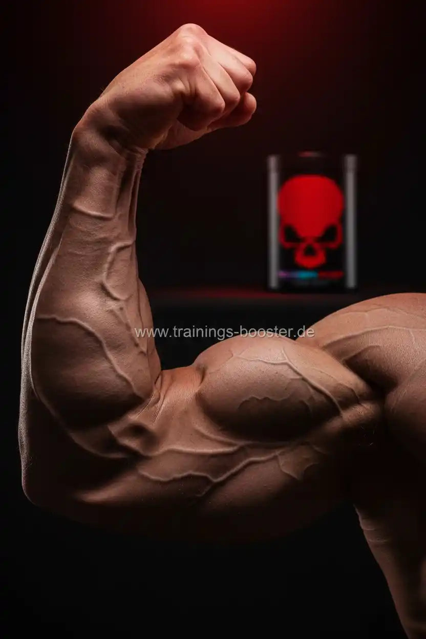 Muskulöser Arm mit Bizeps und Trainingsbooster im Hintergrund
