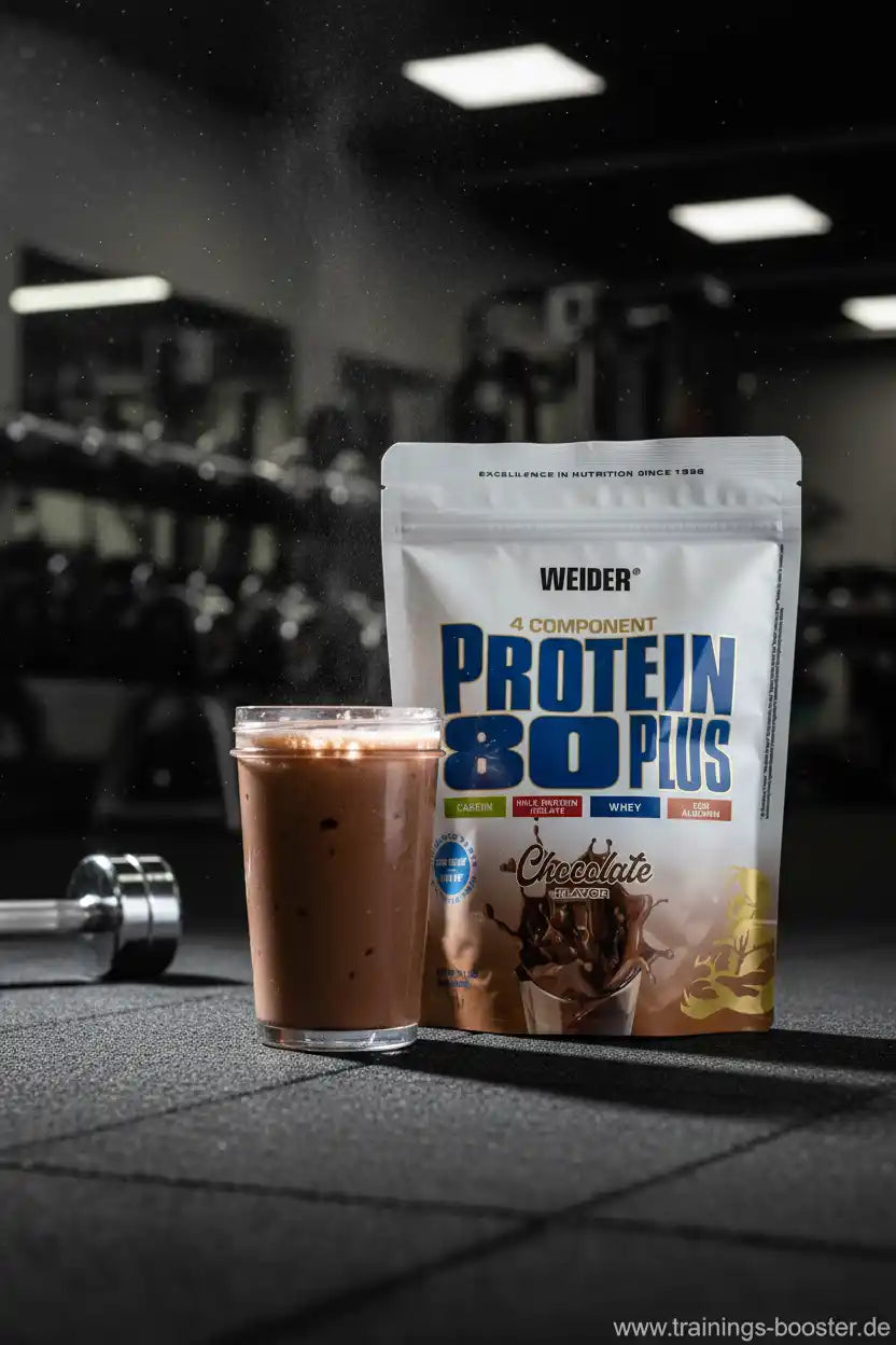Schokoladen-Proteinshake und Protein 80 Plus Beutel im Fitnessstudio