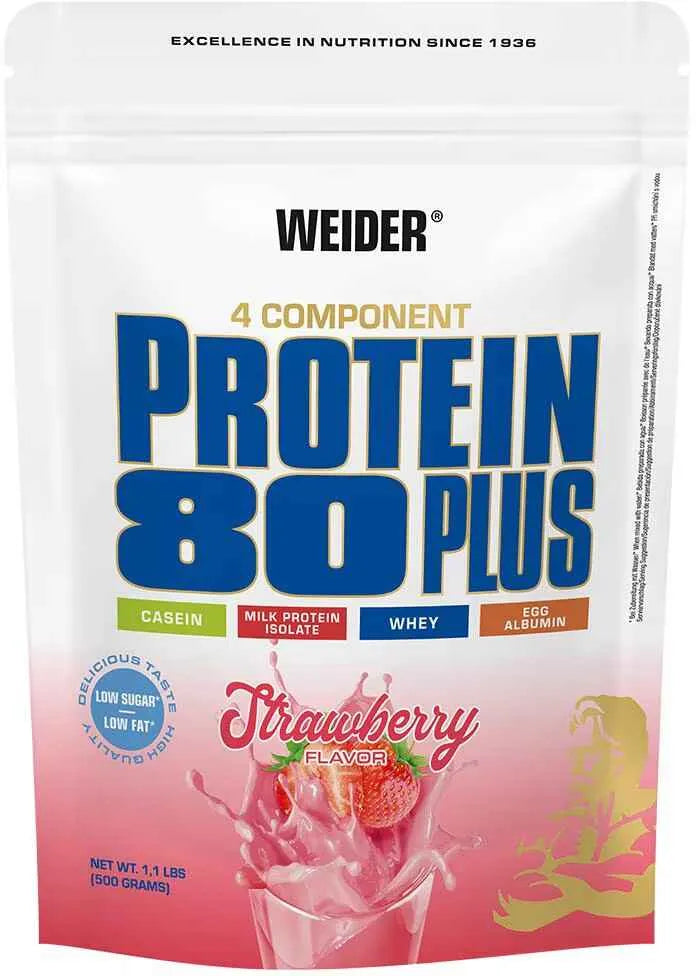 Weider Protein 80 Plus Erdbeere, 4-Komponenten-Proteinpulver mit Casein, Molke, Eiweiß, low sugar