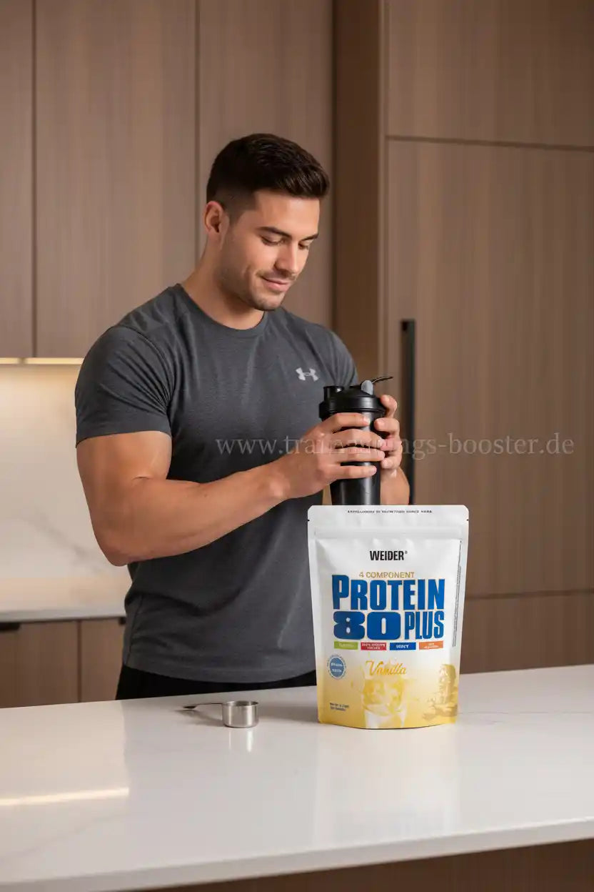 Muskulöser Mann bereitet Protein 80 Plus Vanille-Shake mit Shaker vor