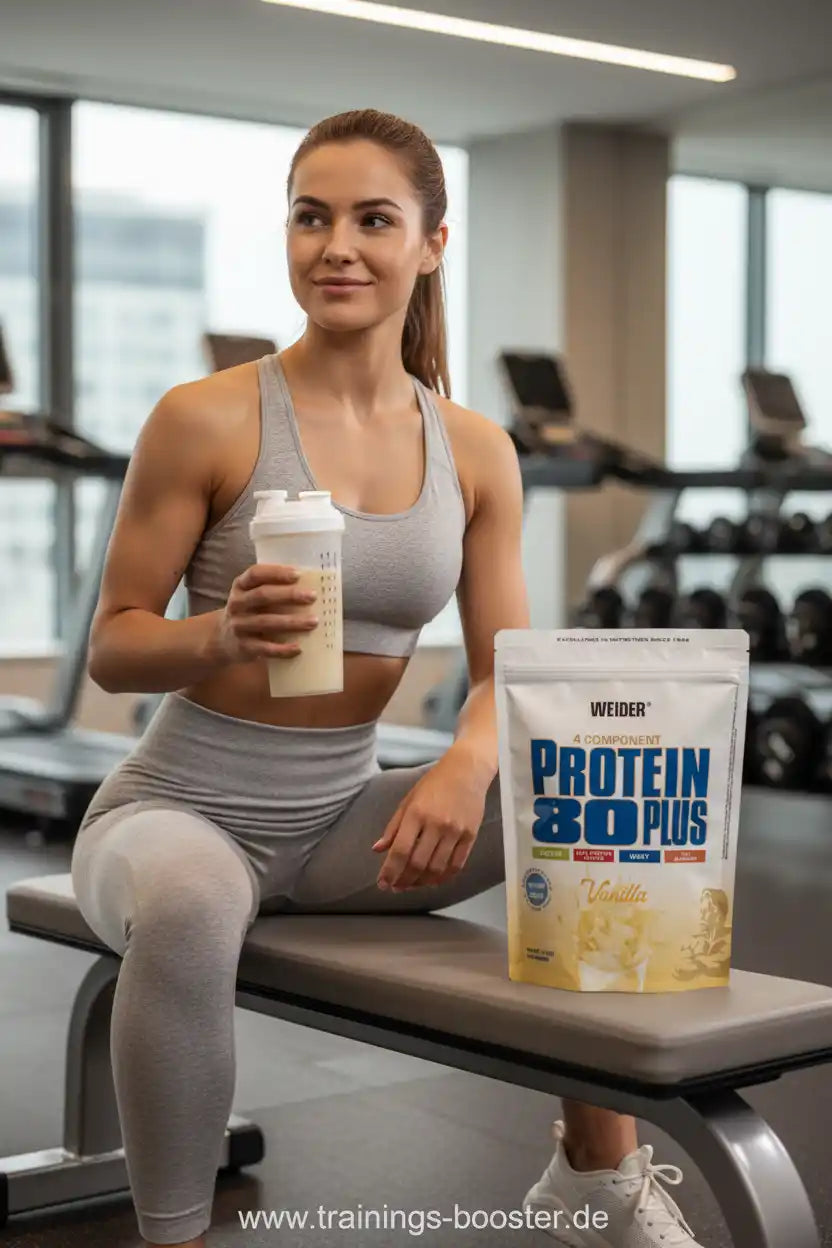 Frau im Fitnessstudio mit Protein 80 Plus Vanille und Shaker, ideal für Sport und Training