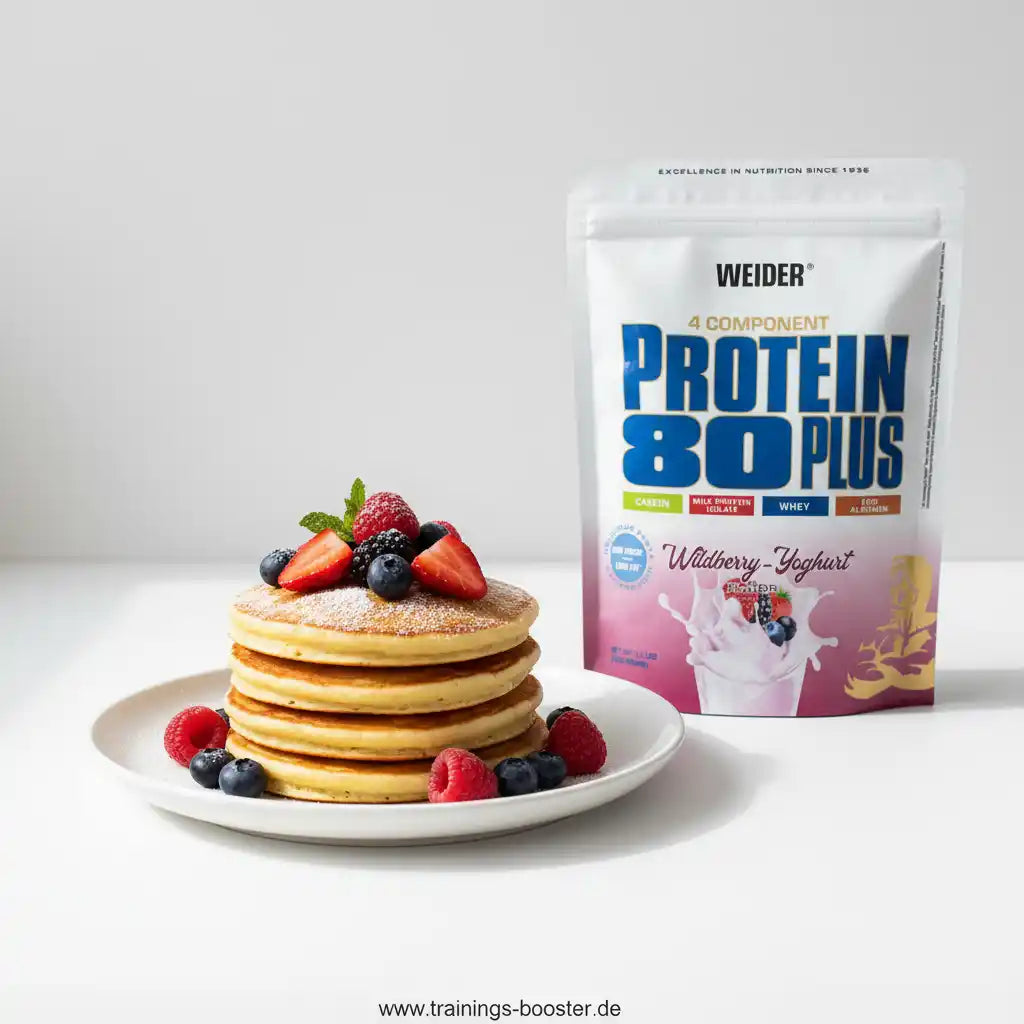 Protein-Pancakes mit Beeren und Weider Protein 80 Plus Wildberry-Joghurt