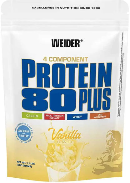 Weider Protein 80 Plus Vanille, 4-Komponenten-Eiweißpulver mit Casein, Milchprotein, Whey & Eiweiß, low sugar & low fat