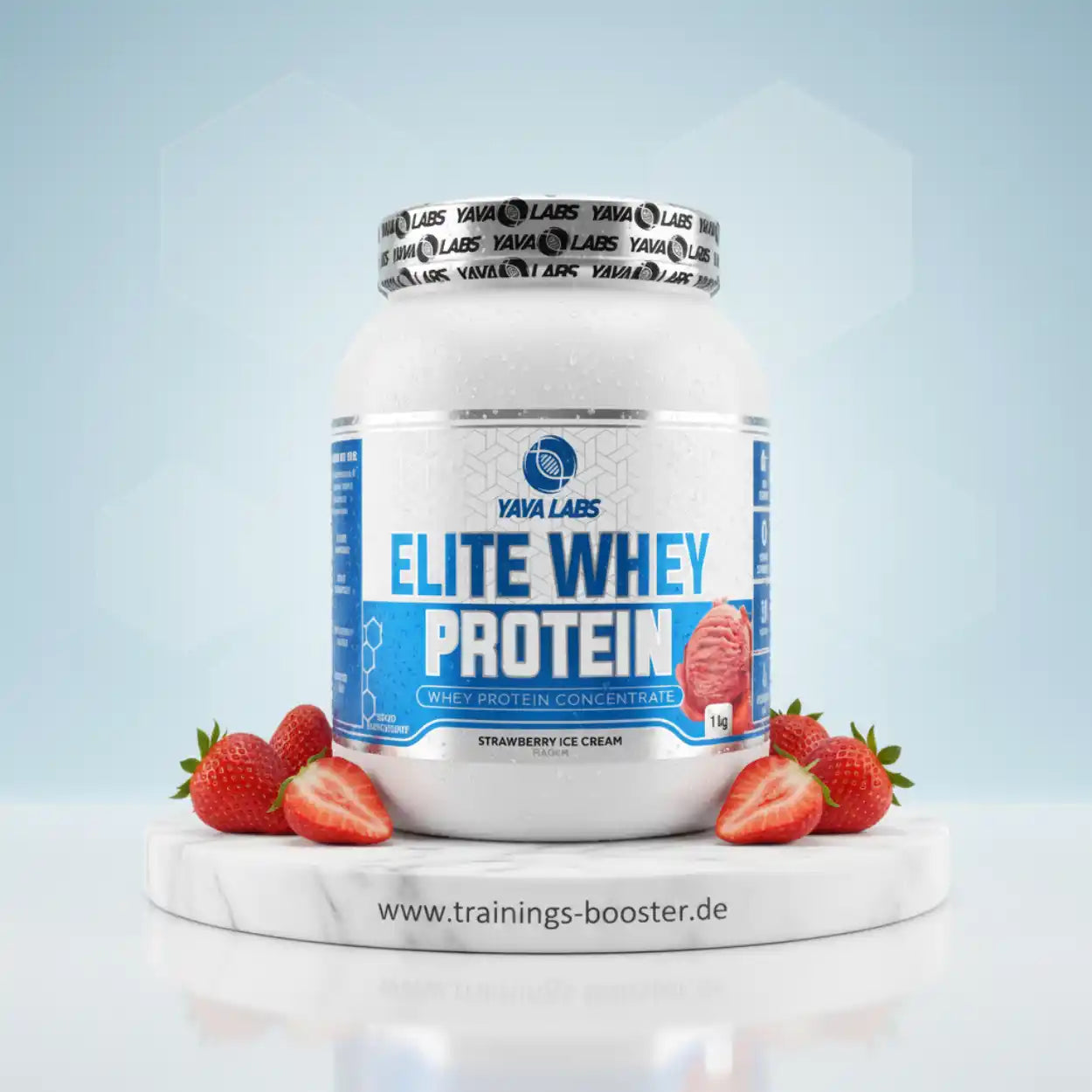Yava Labs Elite Whey Protein Erdbeereis Geschmack, 1kg Eiweißpulver mit frischen Erdbeeren