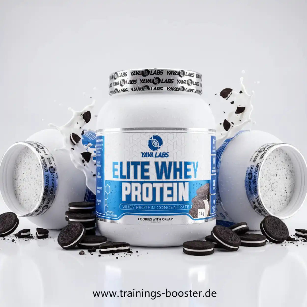 Elite Whey Protein mit Cookies with Cream Geschmack, umgeben von Keksen und Milchspritzern