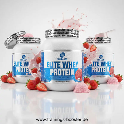 Elite Whey Protein Erdbeer-Eiscreme von Yava Labs mit frischen Erdbeeren und Milchspritzern