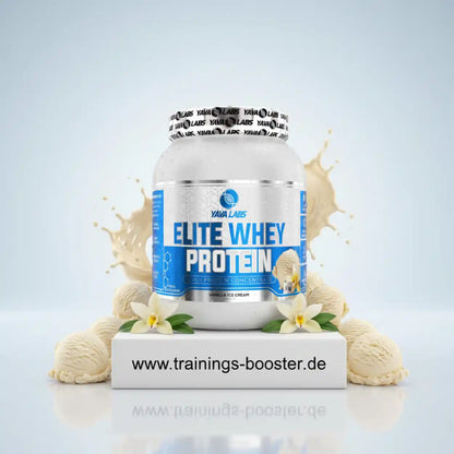 Elite Whey Protein Vanille-Eiscreme von Yaya Labs, umgeben von Vanilleschoten und Eiscreme-Kugeln