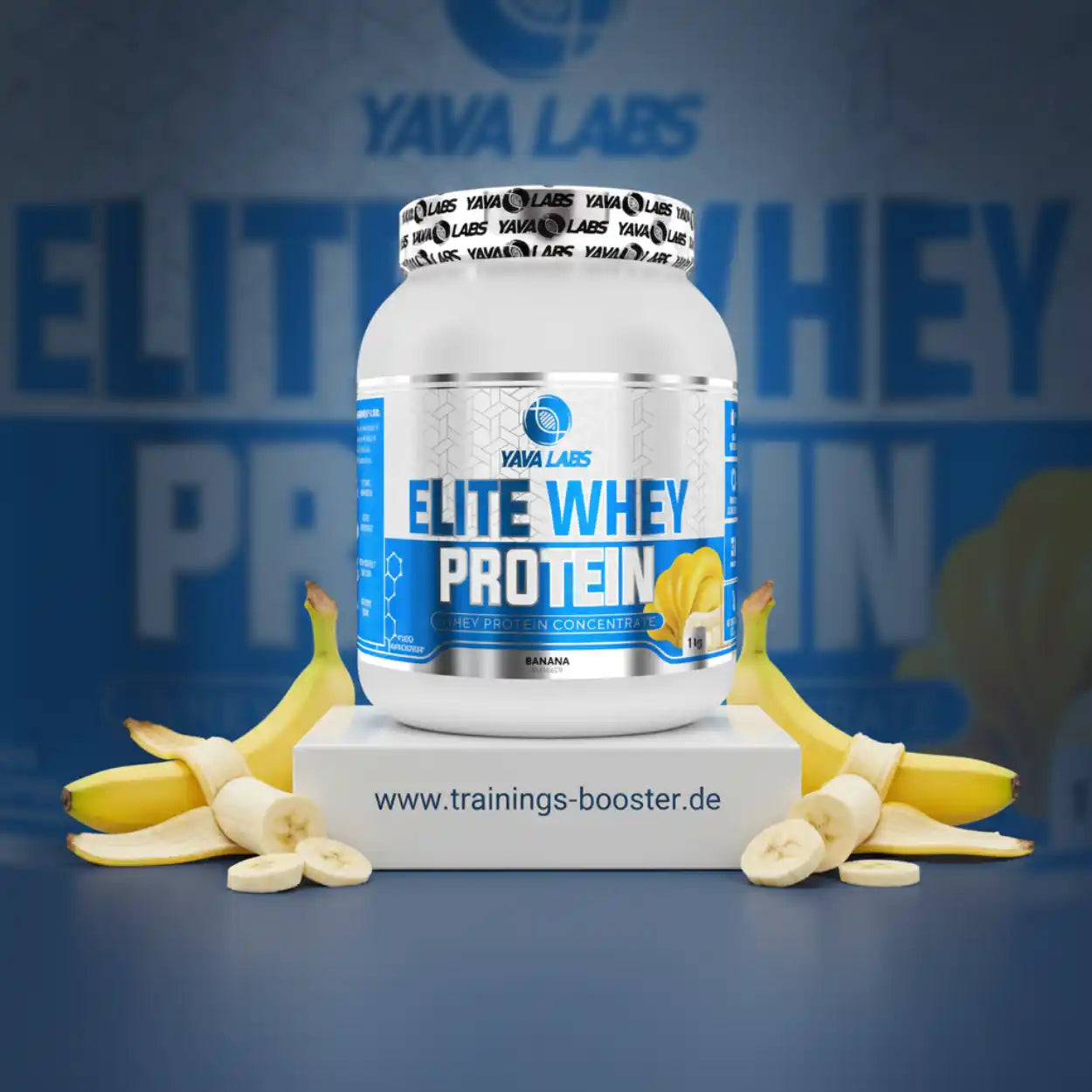 Elite Whey Protein Banane von YAVA LABS mit frischen Bananen umgeben