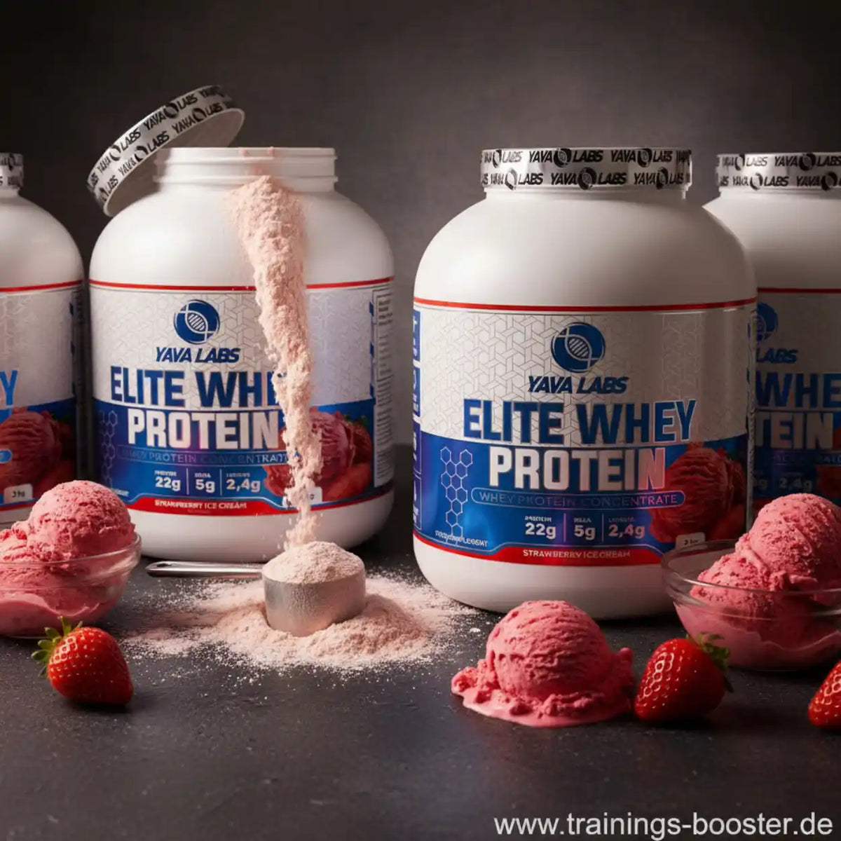 YAVA LABS Elite Whey Protein in Erdbeer-Eisgeschmack mit frischen Erdbeeren.