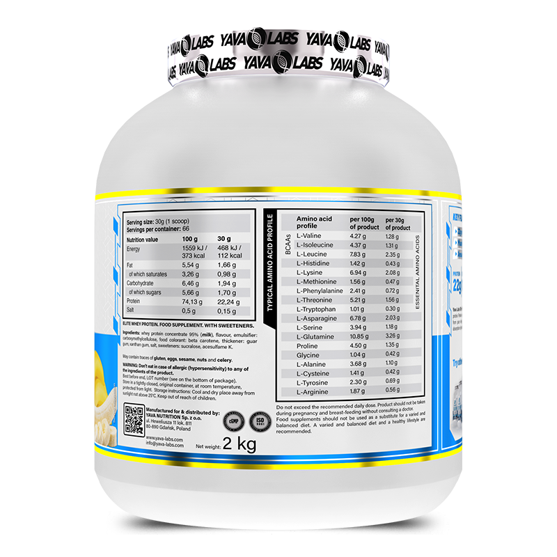 2kg Whey Protein Pulver mit Aminosäureprofil und Nährwertangaben für Sportler