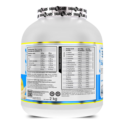 2kg Whey Protein Pulver mit Aminosäureprofil und Nährwertangaben für Sportler