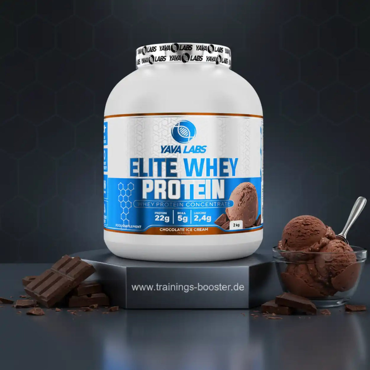 Yava Labs Elite Whey Protein Schokoladengeschmack mit Eiscreme und Schokostücken