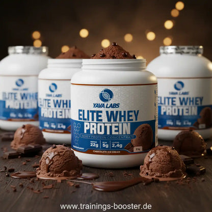 Yava Labs Elite Whey Protein Schokoladen-Eiscreme Pulver in weißen Dosen