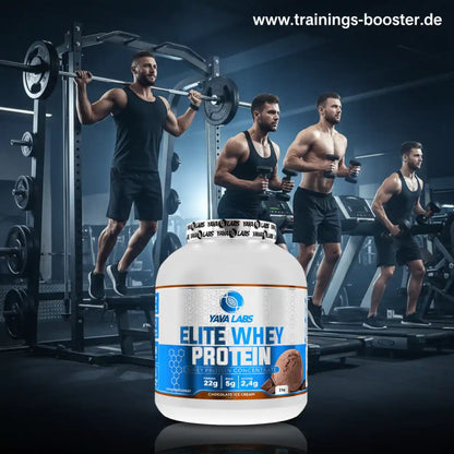 Elite Whey Protein von YAVA LABS in Schokoladengeschmack vor Fitnessstudio-Hintergrund