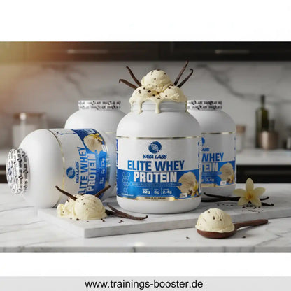 Elite Whey Protein von YAVA LABS mit Vanilleeis und Schokoladenstückchen auf Marmor.