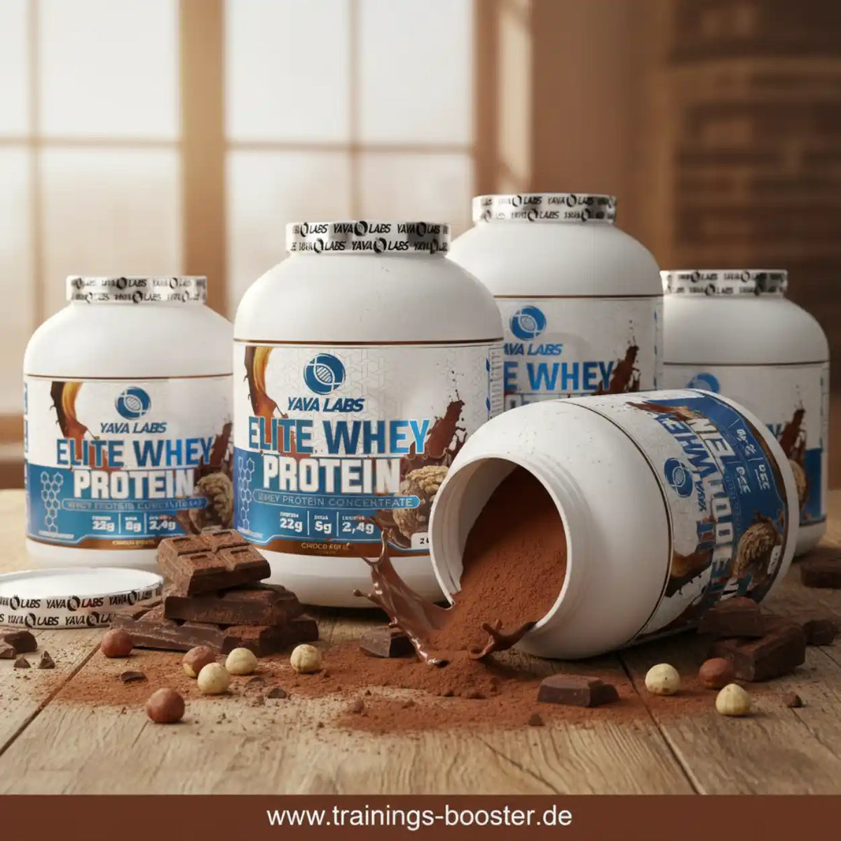 YAVA Labs Elite Whey Protein Dosen mit Schokoladen-Haselnuss Geschmack auf Holztisch