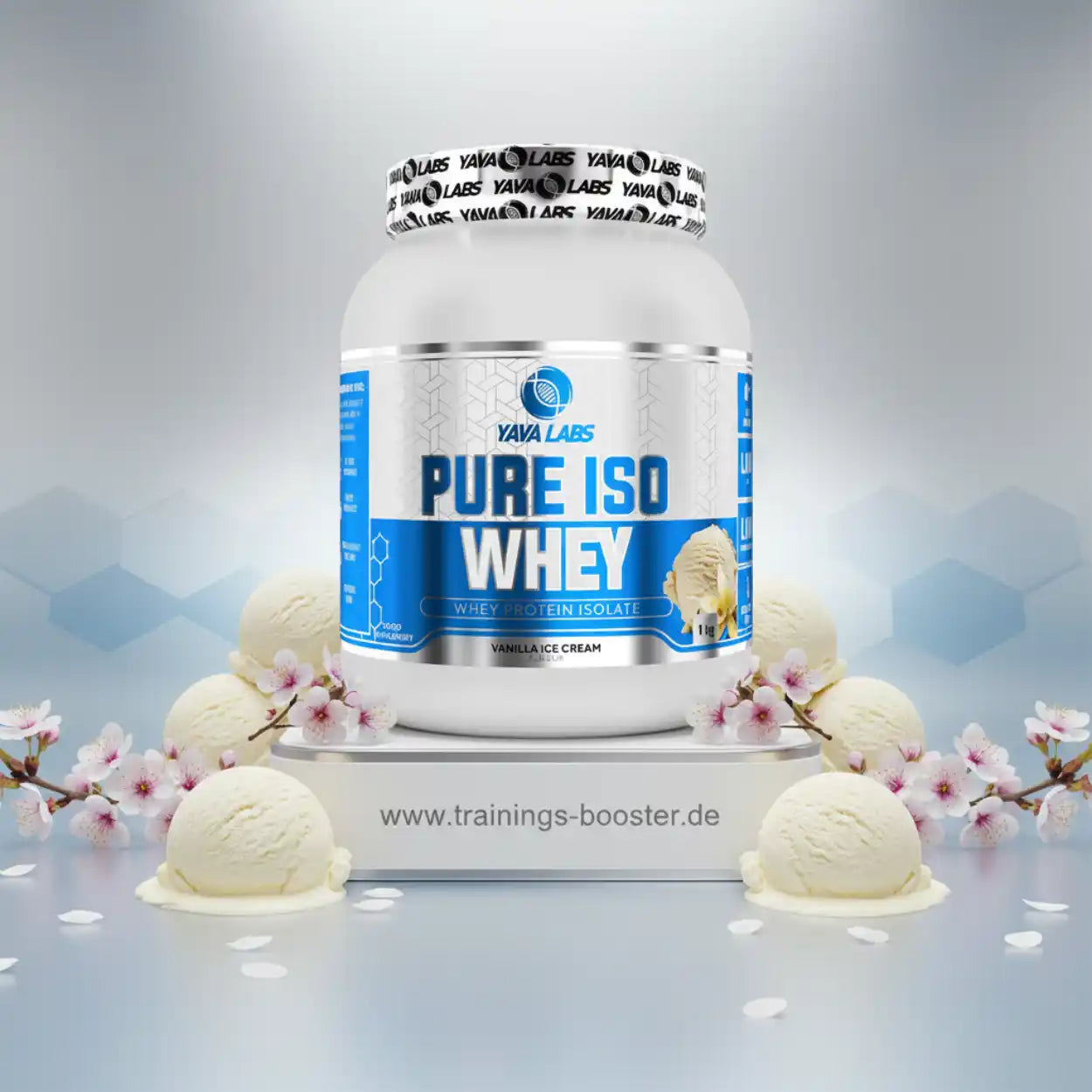 Vanilla Ice Cream Whey Protein Isolate von YAYA LABS mit Eiscreme und Blüten