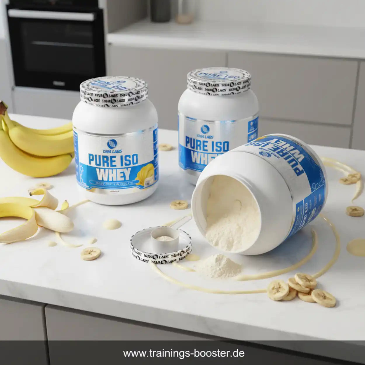Pure Iso Whey Protein Pulver mit Bananen in moderner Küche