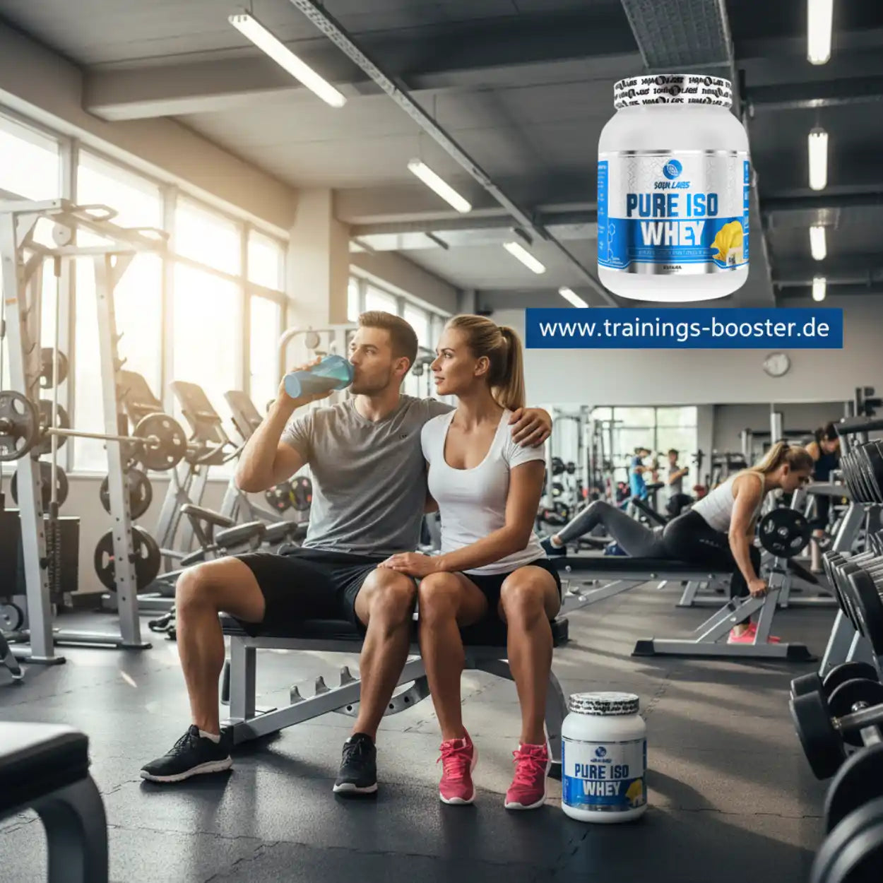 Pure Iso Whey Protein im Fitnessstudio mit Paar und Trainingsgeräten