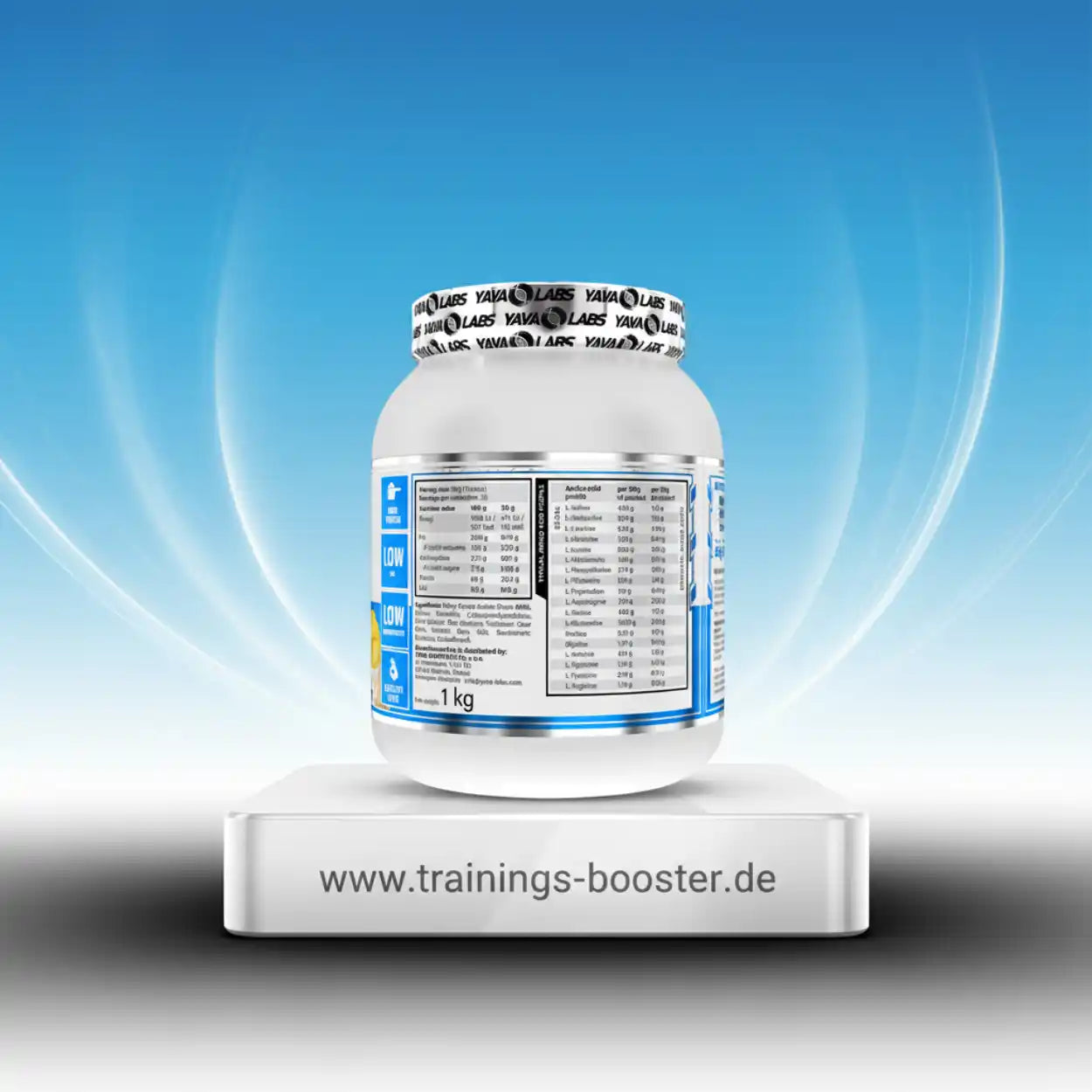 1 kg Sportnahrung-Booster mit Aminosäuren und Nährwertangaben auf weißem Behälter