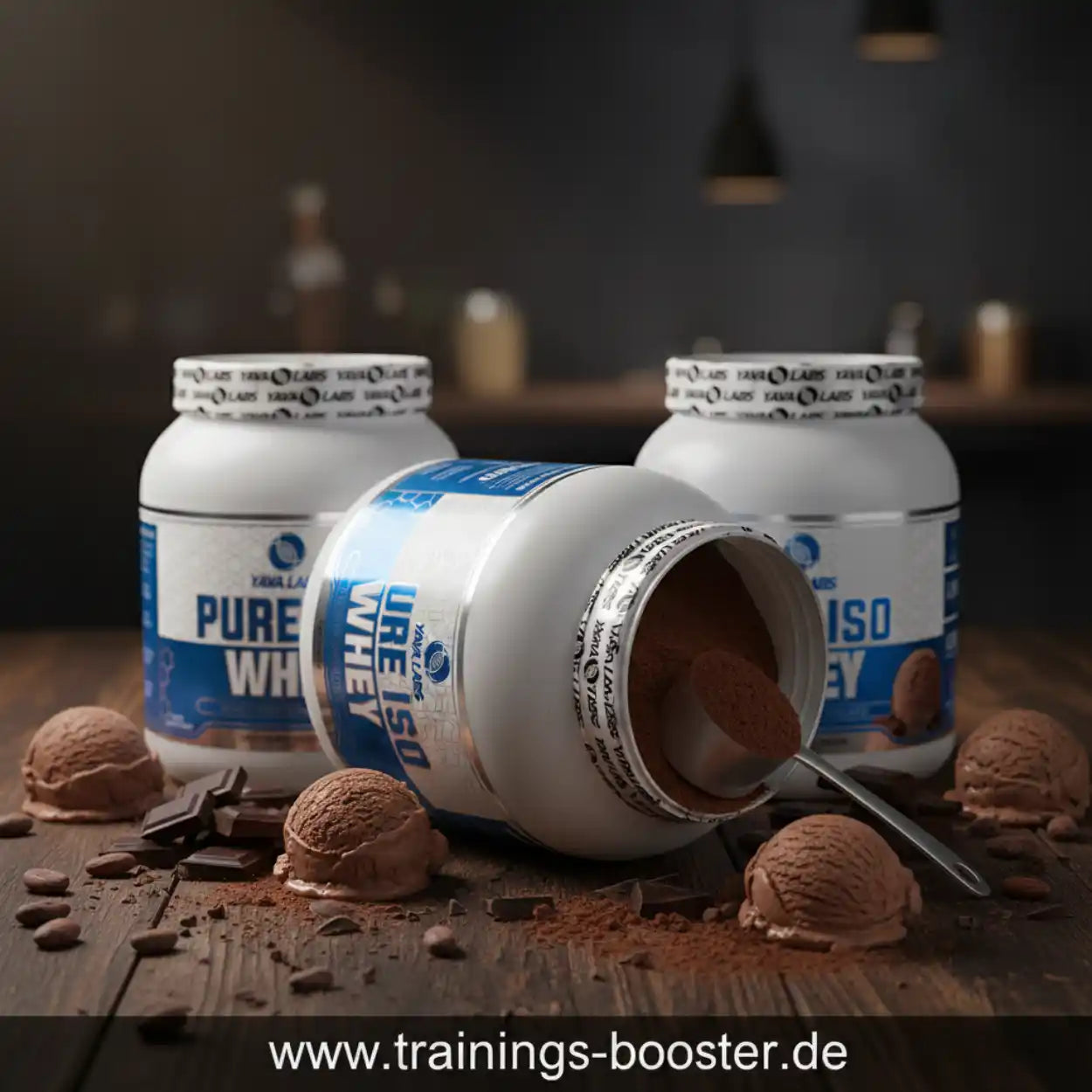 Pure Whey Protein Pulver in Dose mit Schokoladeneis und Schokoladenstückchen, ideal für Sportler und Fitness-Enthusiasten
